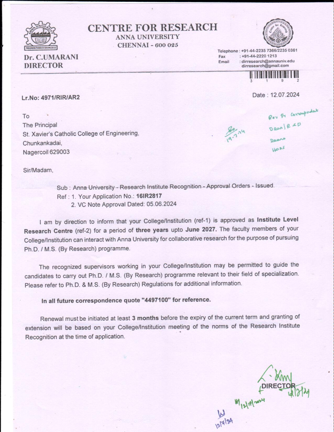 Institute Level Research Centre Certificate